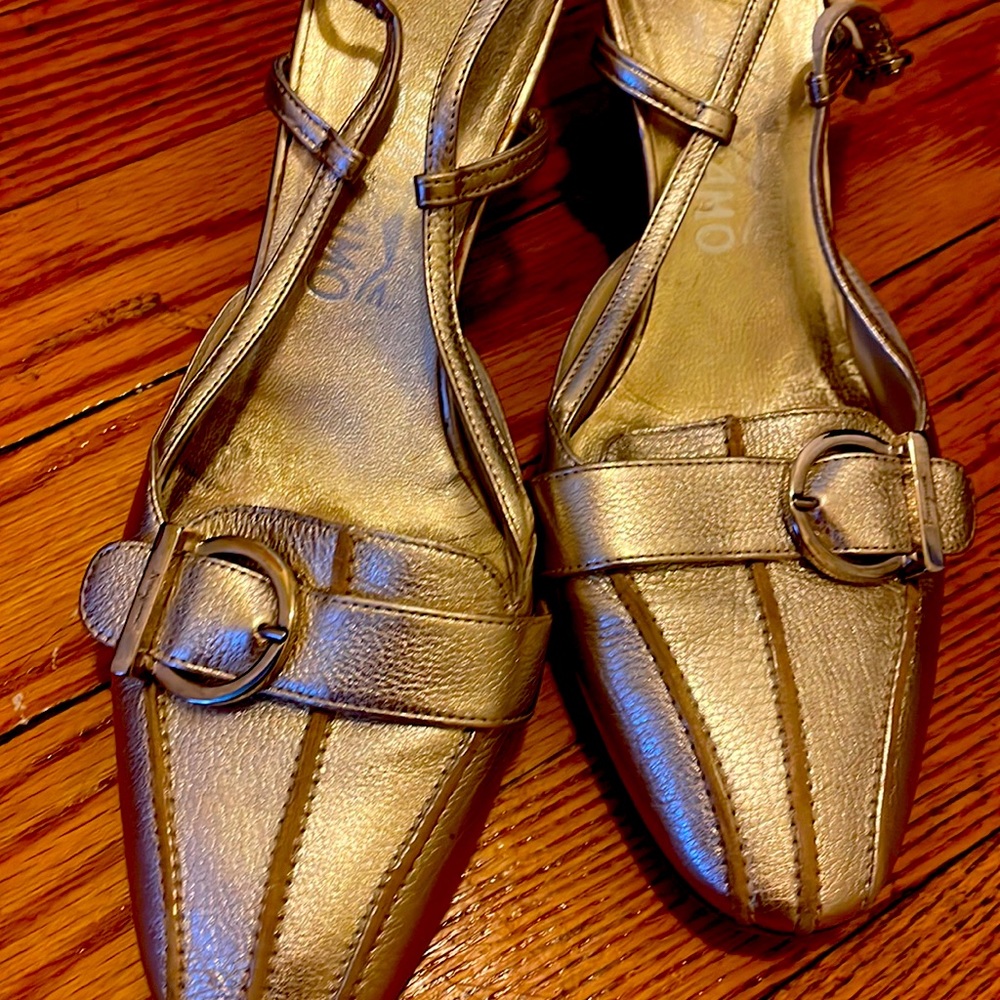 salvatore Ferragamo gold buckle slingbacks